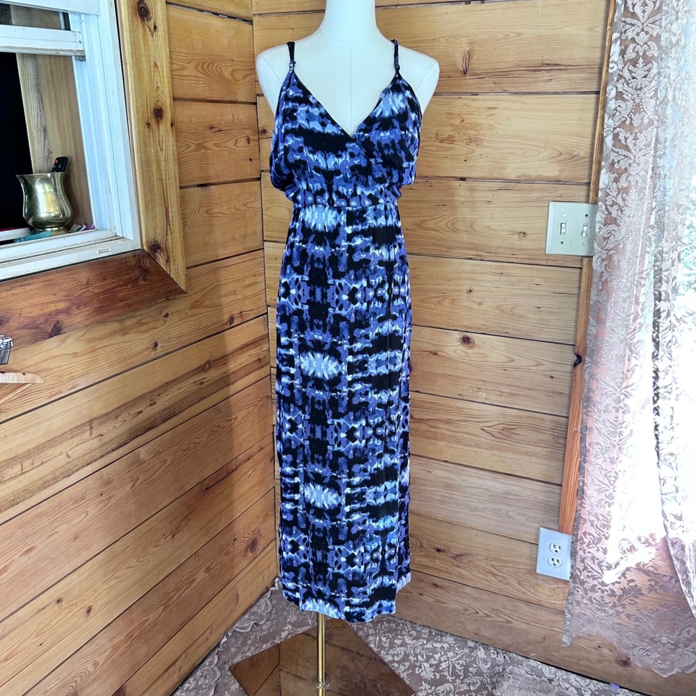 Maxi Dress Women Large Blue Black Abstract Ikat Tie Dye Geometric Resort Beach
